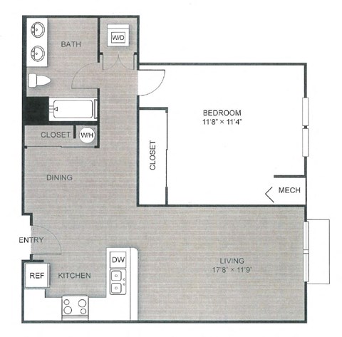 Floor plan for 1 bed, 1 bath, 915 sqft